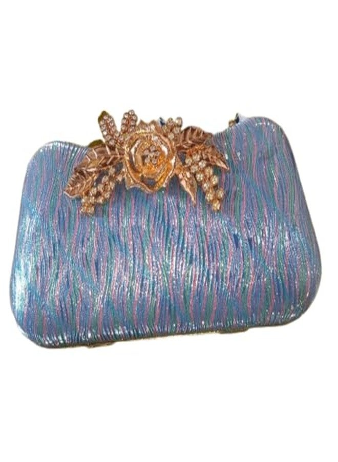 VINNIE Elegant Glitter Clutch Purse for Women with Floral Clasp | Evening Party Handbag for Wedding & Special Occasions (Blue) - Image 2
